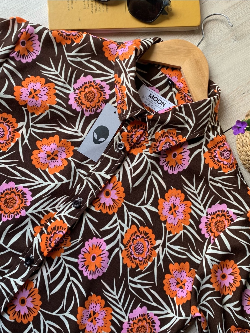 Men's Brown Floral Button-Up Shirt with Orange & Pink Print